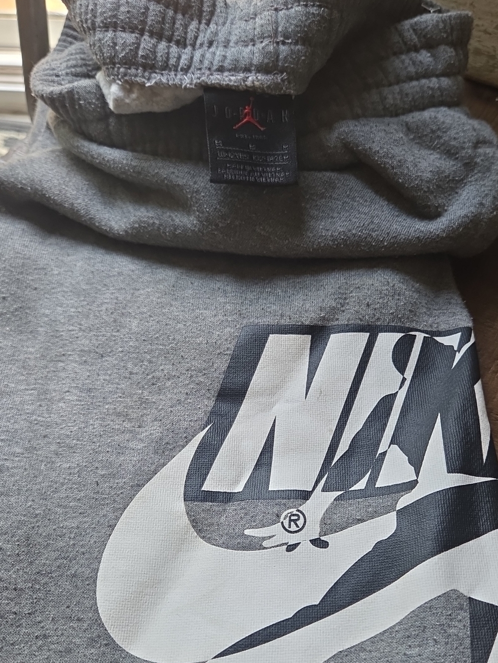 Nike Jordan Gray Boys Sweatpants with White & Black Swoosh Graphic